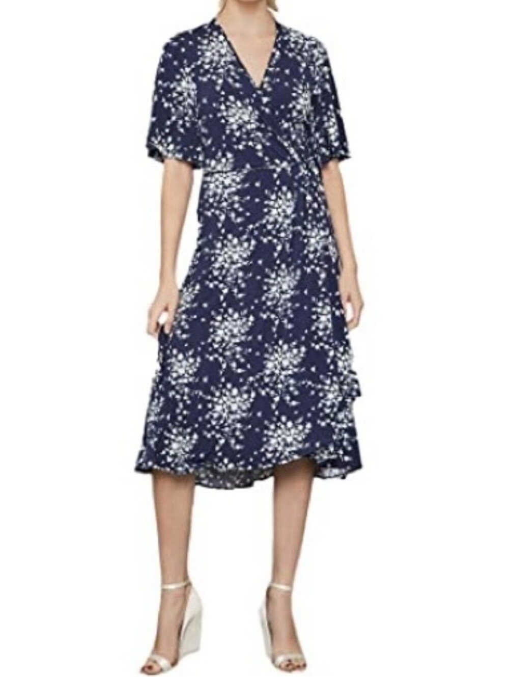 BCBGMAXAZRIA Navy Blue White Floral Jersey Wrap Dress Flutter Sleeve Midi